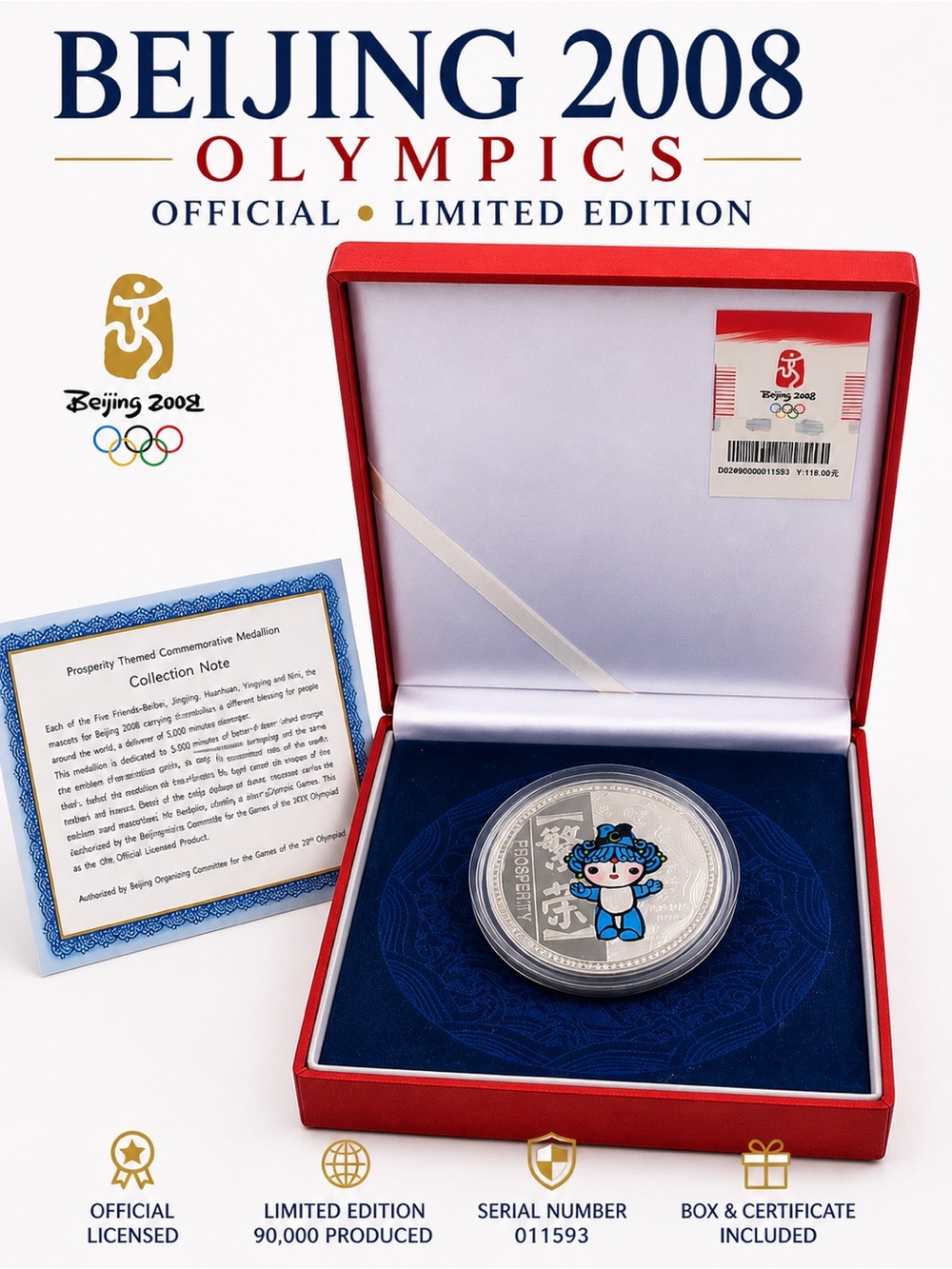 Beijing 2008 Olympics Beibei Fuwa Mascot Medallion Coin Box COA Limited Edition